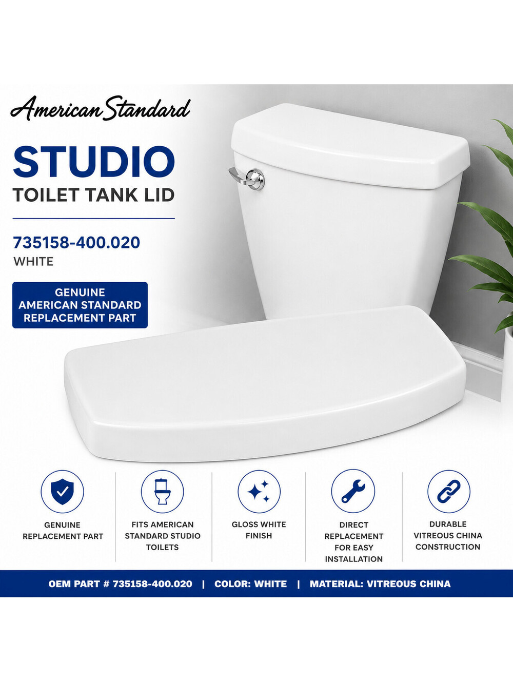 American Standard 735158-400.020 Studio Toilet Tank Lid White Genuine OEM NEW